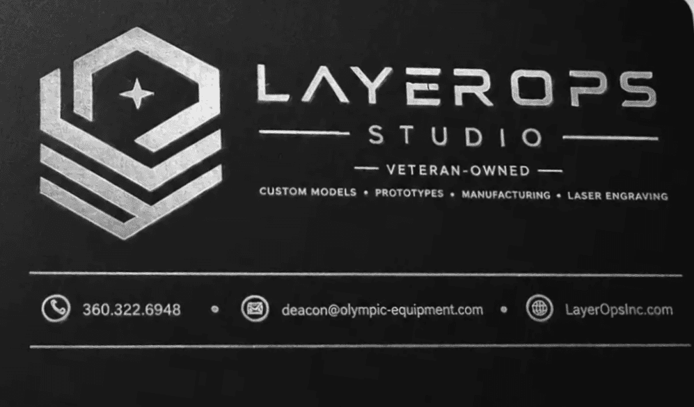 LayerOps Studio business card with logo, veteran-owned line, services, phone number, email, and website.
