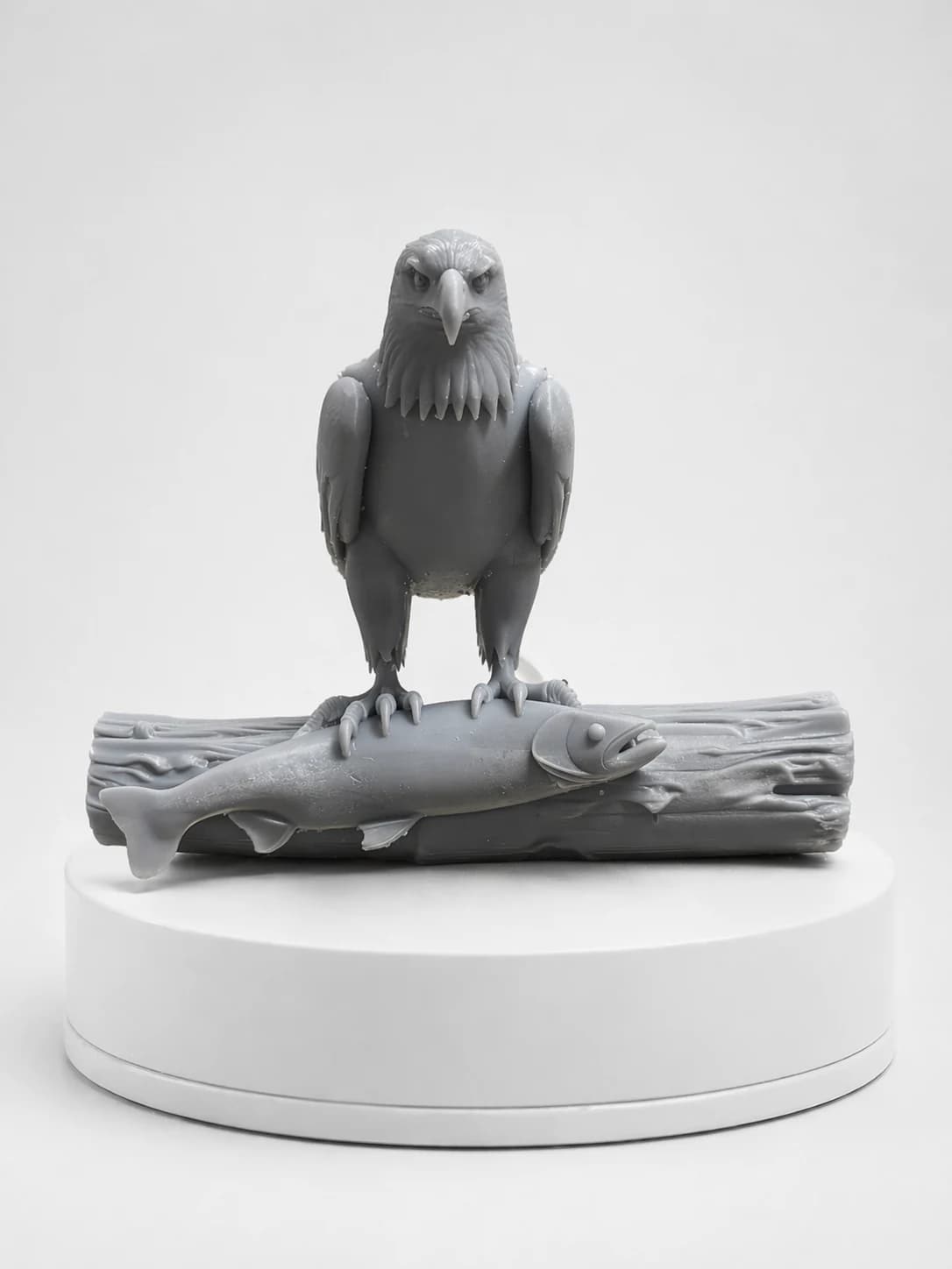 Finished grayscale print render of the eagle on a fish composition.