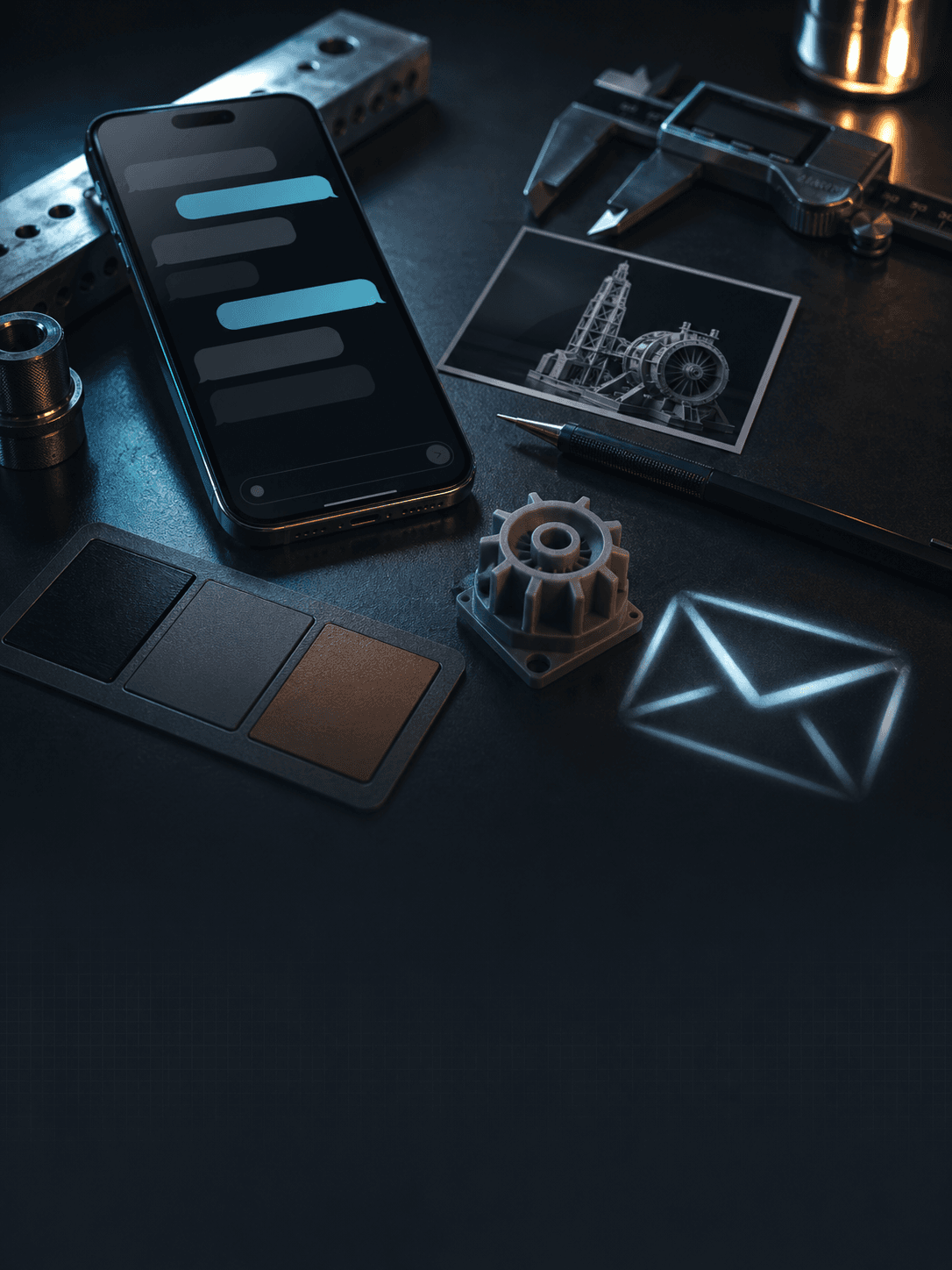 Layer Ops contact request workbench with a phone, reference photo, calipers, material swatches, and a small printed part.