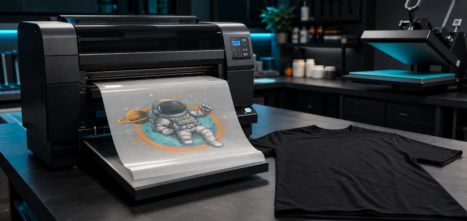 A DTF printer producing a transfer film beside a black shirt blank.