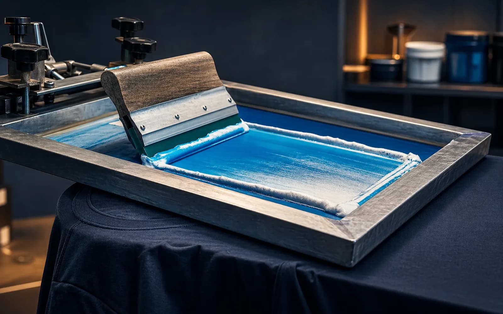 A squeegee pulling bright ink across a screen printing frame.