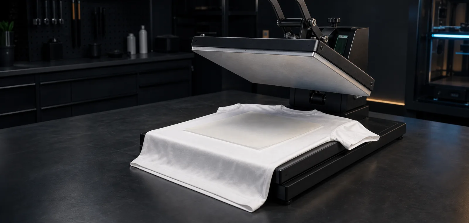 A sublimation heat press with a white t-shirt staged for transfer.