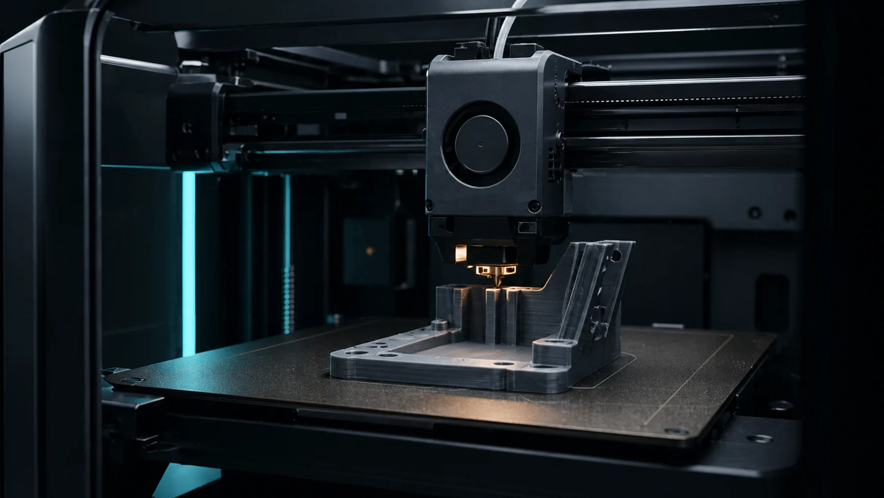A modern enclosed FDM printer extruding a PLA layer on a mechanical part.